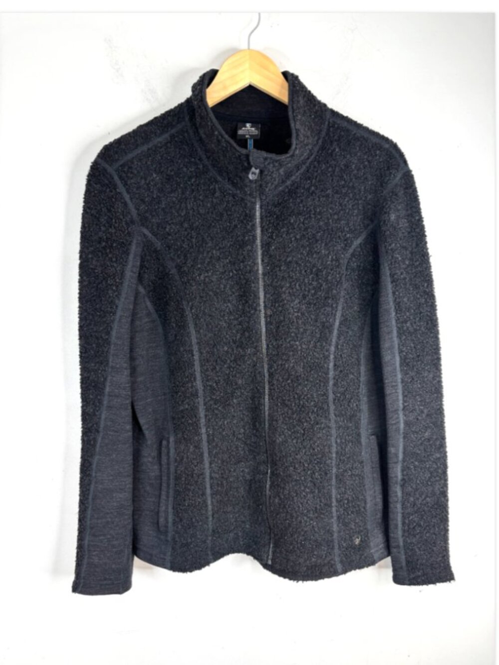 KUHL Womens XL Black Wool Blend Full Zip Fleece Jacket Charcoal Boucle Hiking